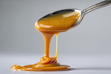 Golden caramel sauce drips from a silver spoon creating an enticing pool on a white surface in a well-lit kitchen setting