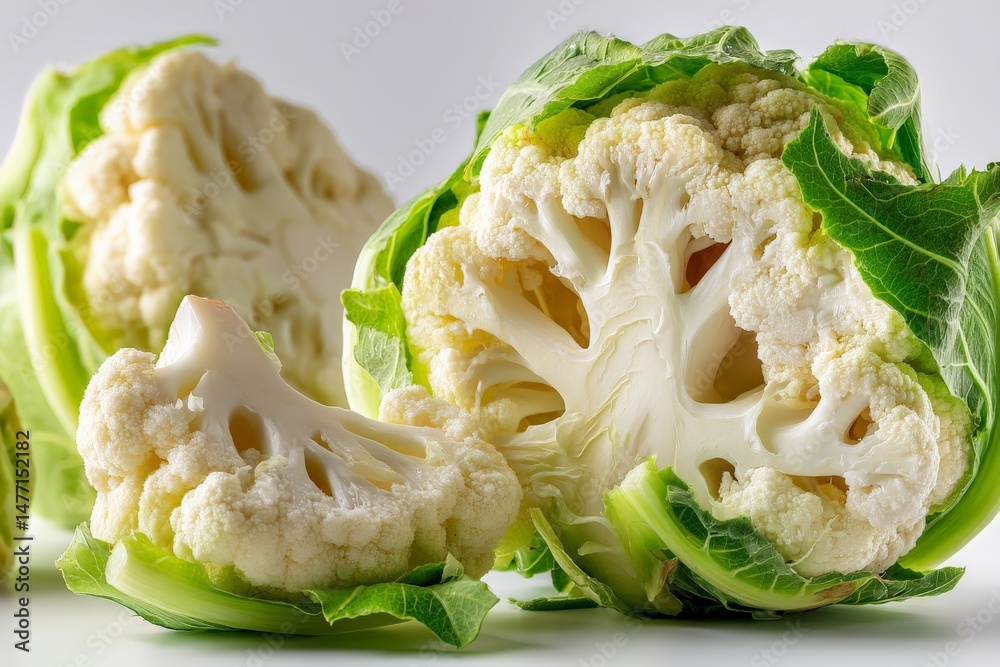 Aufkleber freshly cut cauliflower displayed on a white background highlighting its texture and natural colors