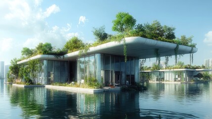 Floating homes with lush rooftop gardens on calm water.