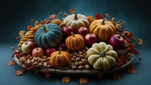 Autumn bounty - a dark background showcases a wooden tray of pumpkins, apples, nuts, and wheat. Overhead view, available space. Gastronomic background.
