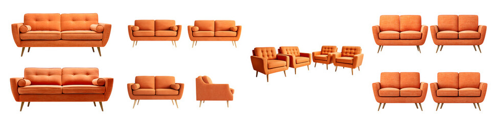 Fototapeta premium Stylish, vintage orange sofas and chairs collection showcasing modern furniture design, perfect for interior decor and home styling, featuring elegant lines and bold hues.
