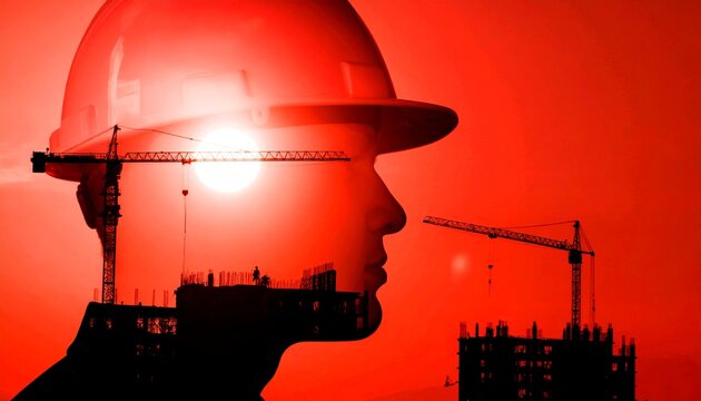 Industrial portrait of construction worker wearing hard helmet and red shadows of silhouettes with construction cranes in the background of developing new business for new projects