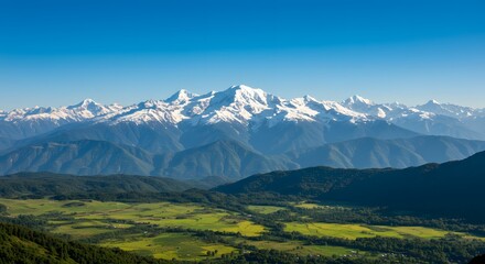 Obraz premium Stunning Caucasus Mountain Range View Green Valley Clear Blue Sky Summer Day Majestic Peaks Snow Capped Scenic Beauty Georgia