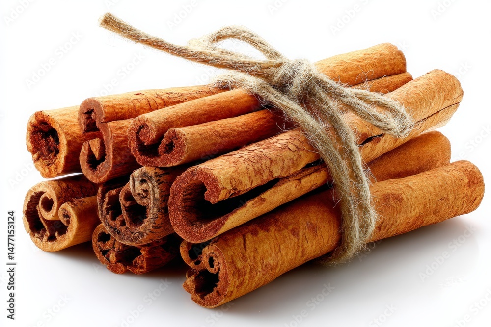 Poster cinnamon sticks tied with twine for culinary use and decoration in a kitchen setting