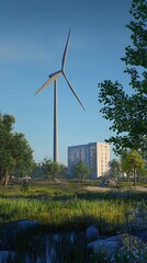 Obraz premium Wind turbine in a green landscape generating clean energy