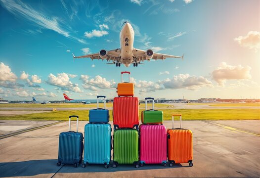 a vibrant stack of colorful suitcases stands on an airport tarmac with a passenger plane taking off in the bright blue sky.