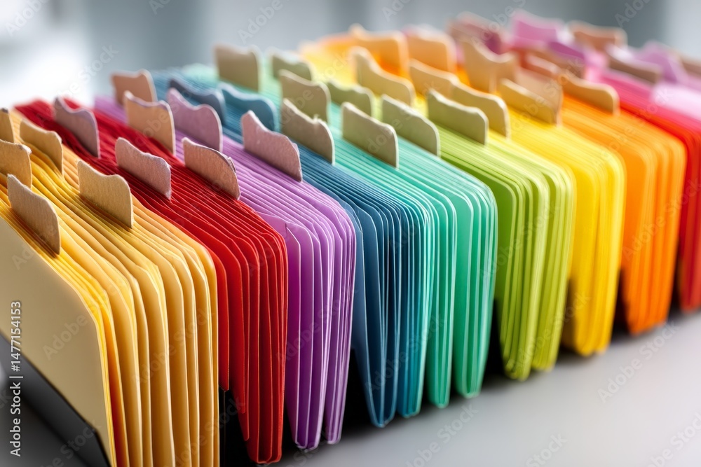 Aufkleber Colorful file folders arranged neatly on a desk in a bright office setting during daytime hours