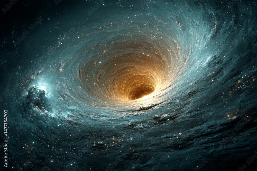 Poster vortex of light and cosmic dust spiraling into the depths of a black hole in the vastness of space