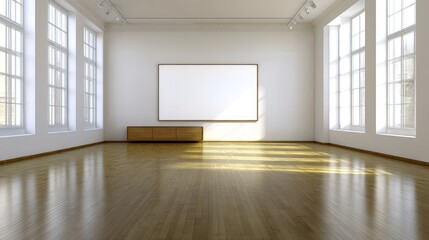 Fototapeta premium Empty modern gallery room with large blank canvas.
