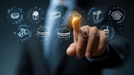 Hand touching a glowing icon surrounded by food and drink icons on screen.