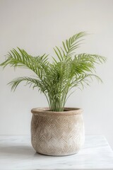 Fototapeta premium Studio shot of areca palm in textured pot on marble table against white wall minimalist aesthetic home decor still life