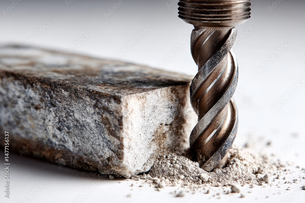Leinwandbilder drilling a stone block with a metal spiral drill bit in a workshop setting