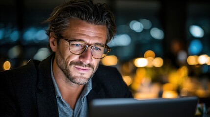 Man with glasses looking at a laptop screen at night indoors.