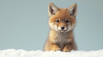 Obraz premium Lindo retrato de coyote bebé con fondo azul claro para la educación sobre la vida silvestre y la conservación animal.