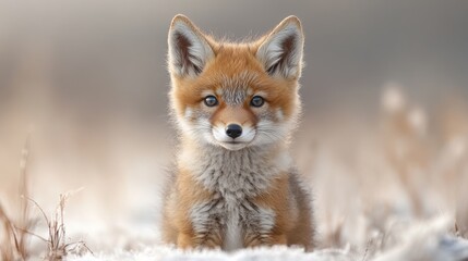 Fototapeta premium Lindo retrato de coyote bebé con fondo azul claro para la educación sobre la vida silvestre y la conservación animal.