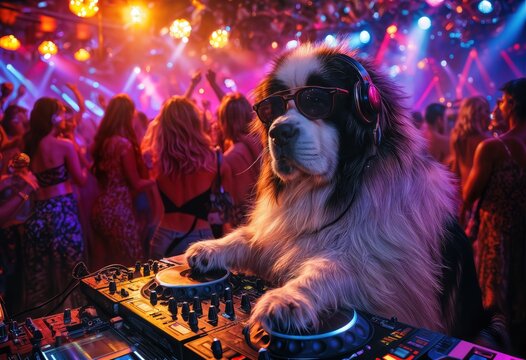 a fluffy tan dog wearing headphones and sunglasses confidently operates a professional dj setup amidst a lively, brightly lit nightclub crowd.