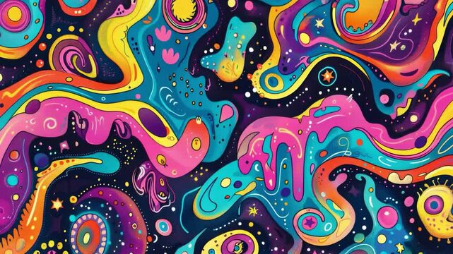 Abstract cosmic painting: vibrant colors merge in a liquid texture, creating a mesmerizing celestial landscape with swirling patterns of stars and nebulae.
