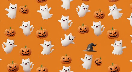 Obraz premium Cute Ghostly Cats and Pumpkins Halloween Pattern