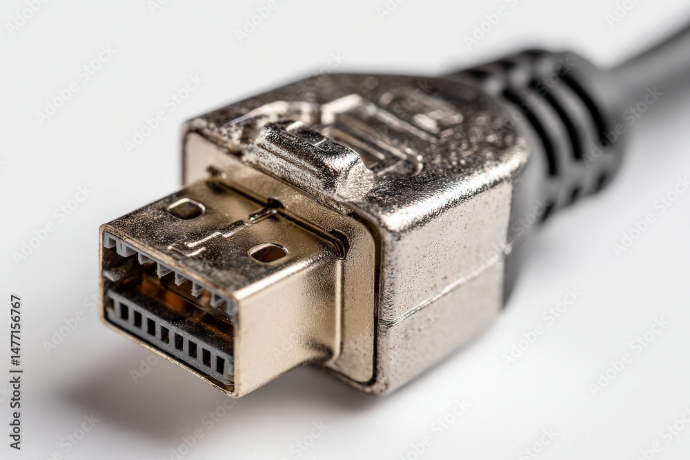 Aufkleber close-up view of a metallic usb connector on a black cable highlighting its intricate design and fun