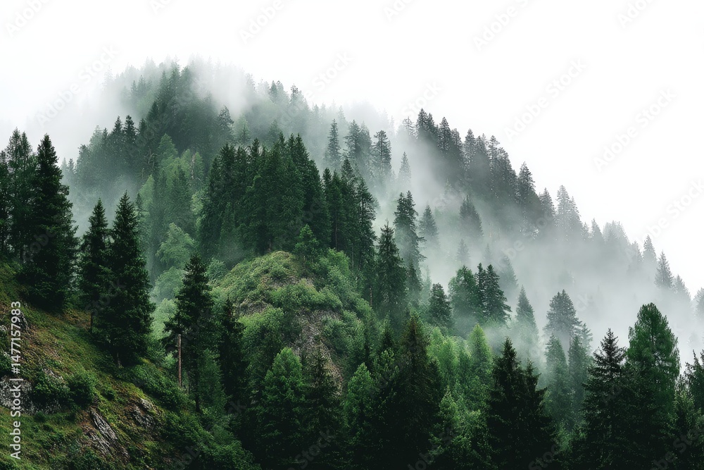 Poster misty forest landscape with dense pine trees enveloped in fog during early morning hours