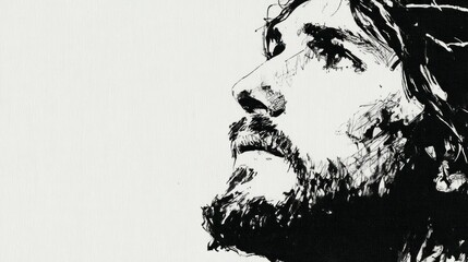 Obraz premium Black and white sketch of Jesus Christ wearing a crown of thorns, looking upward.