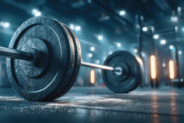 Close-up shot of a barbell with heavy weights in a modern gym setting, ready for a powerful workout, highlighting strength and fitness with a minimalist design.