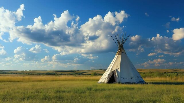 White teepee standing in the middle of a green field under a cloudy sky