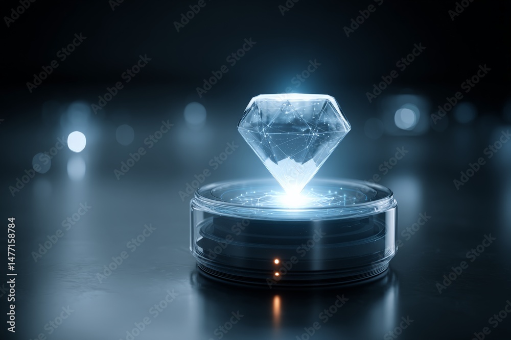 Poster Diamond shaped crystal levitating above a glossy surface with a glowing effect at a modern display setting