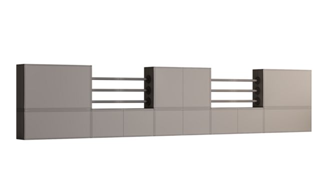 A long wall of metal panels with a silver railing