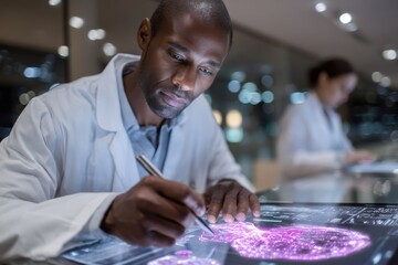 A dedicated researcher in a lab diligently reviews complex data on a transparent display, representing the intersection of innovation, science, and technology in modern research.
