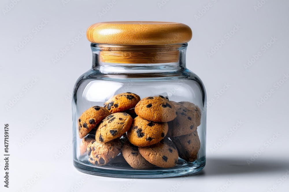 Poster delicious homemade cookies stored in a glass jar with a wooden lid in a simple setting