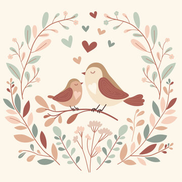 Little bird with his mother. Sweet illustration for Mother's Day. 
Cute hand drawn vector illustration in a flat style.