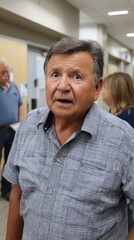 Obraz premium Mature Man with Surprised Facial Expression Wearing Blue Plaid Shirt Indoors