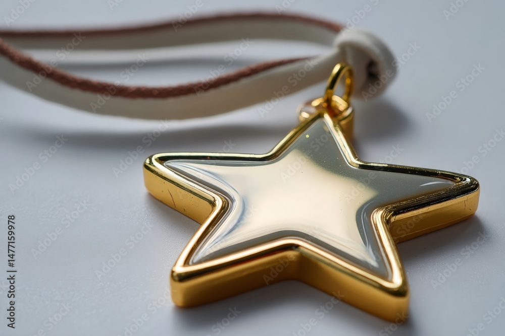 Poster shiny golden star pendant on a leather cord captured in soft lighting, emphasizing its reflective su