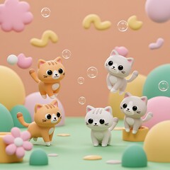 Obraz premium Adorable Cartoon Cats in Playful 3D Scene