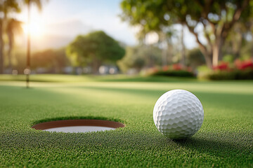 Fototapeta premium Golf Ball Near Putting Hole – Green Course with Soft Light