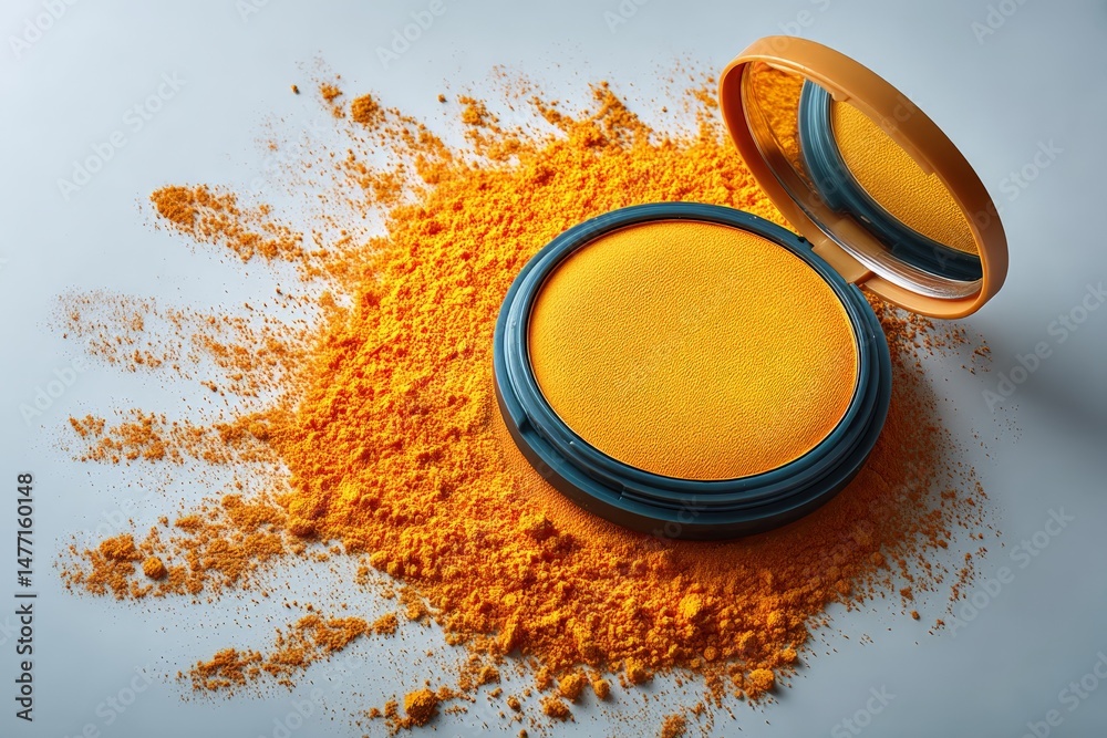 Poster colorful orange powder spills from an open compact, creating an artful display on a white surface