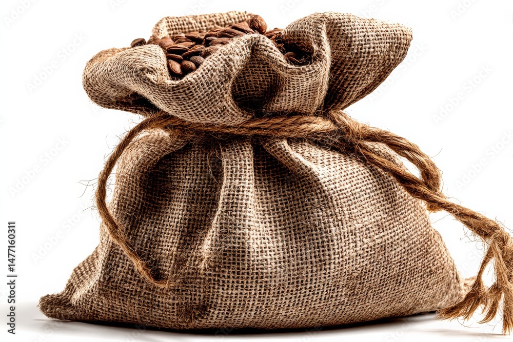 Poster burlap sack filled with roasted coffee beans on a white background showcasing natural texture and ea