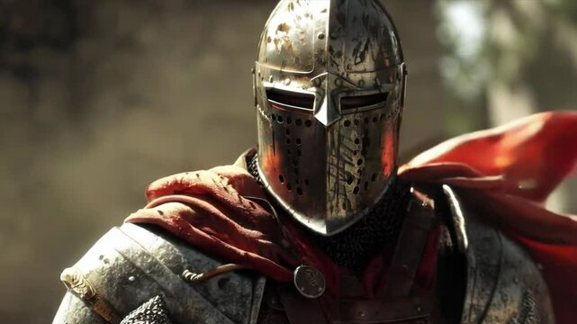 Digital artwork shows a battle-worn knight in red and silver armor with a hidden face, depicting signs of intense combat in a chaotic atmosphere.
