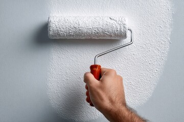 Painting a wall with a roller covered in white paint to improve the appearance and value, showing the technique of applying a fresh coat of color in a renovation project.