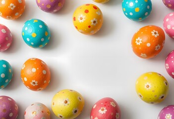 Colorful Easter Eggs Arranged on White Background Festive Spring Decoration