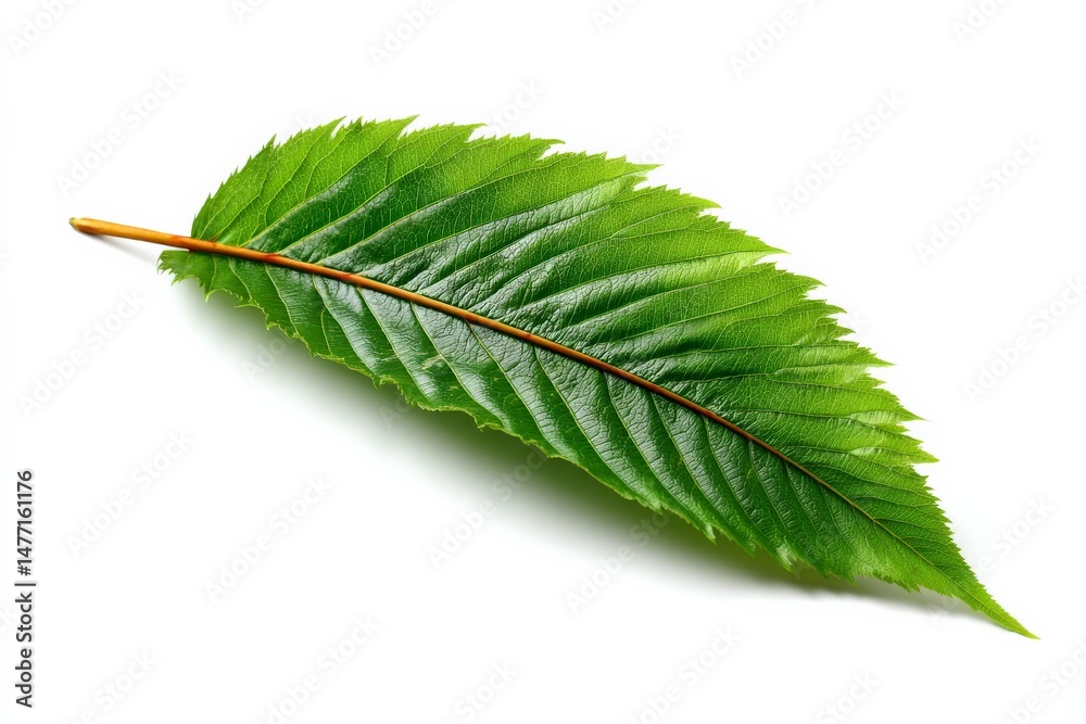 Aufkleber fresh green leaf on a white surface showcasing intricate vein patterns and vibrant color