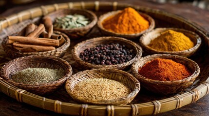 Fototapeta premium A stunning image of aromatic spices in small woven bowls arranged on a wooden tray.