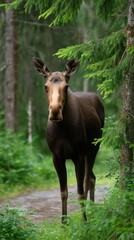 Obraz premium Majestic moose in natural woodland habitat observing the surrounding environment during a summer day framed by vibrant green foliage