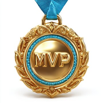 Gold medal award with blue ribbon and ornate design featu the letters MVP in a shiny gold center for achievement excellence sports or competition recognition