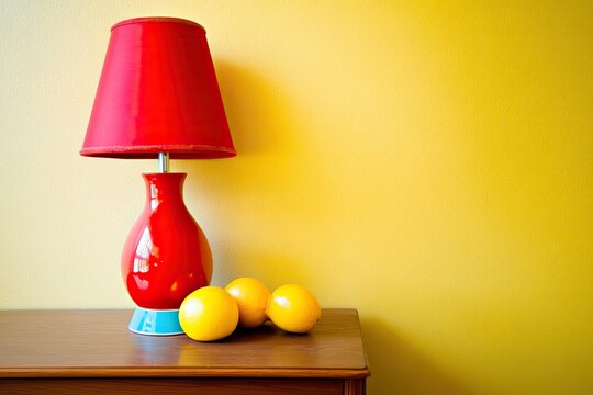 Red lamp with oranges on a wooden table against a yellow wall