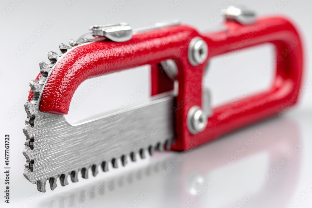 Fototapete Unique red-handled saw displaying intricate teeth, showcasing craftsmanship and design used for precise cutting tasks in workshops or home projects