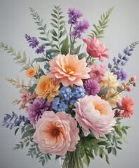 Vibrant watercolor bouquet, lush blooms, soft hues, artistic, pastel, vibrant