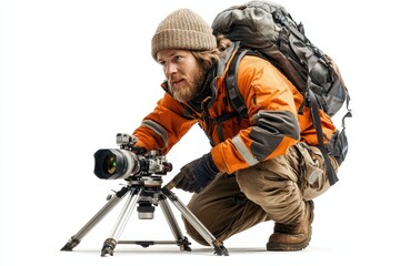 Outdoor Photographer Preparing Camera for Wildlife Shot in Nature