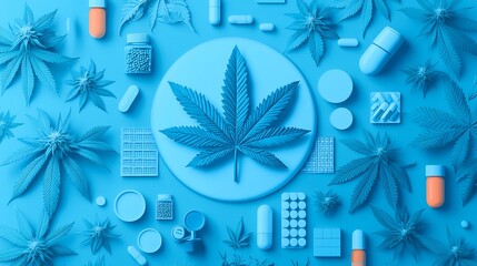 Abstract illustration combines the medical symbol with a cannabis leaf evoking the integration of traditional care and modern therapy in an eye catching design